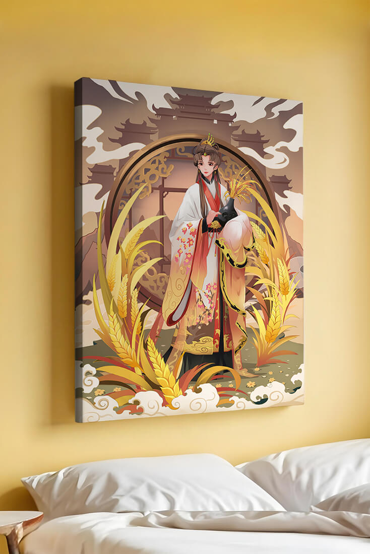 Elegant woman in traditional attire amidst golden wheat field and oriental architecture