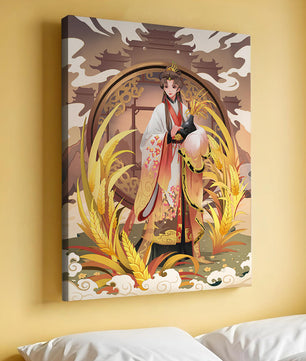 Elegant woman in traditional attire amidst golden wheat field and oriental architecture
