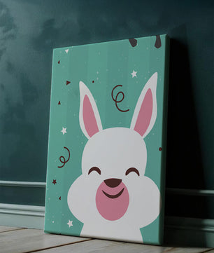 Adorable cartoon bunny on teal background with playful elements