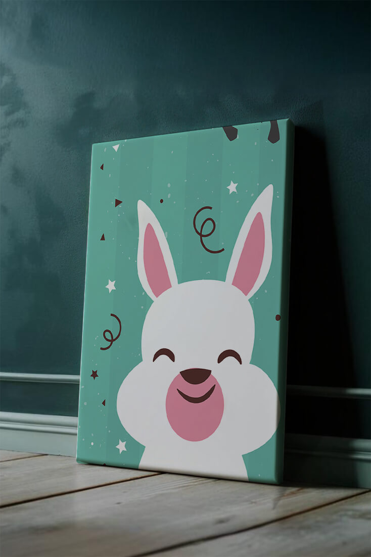 Adorable cartoon bunny on teal background with playful elements