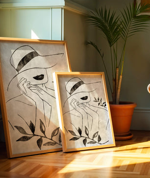 Abstract Woman in Hat with Minimalist Leaf Design