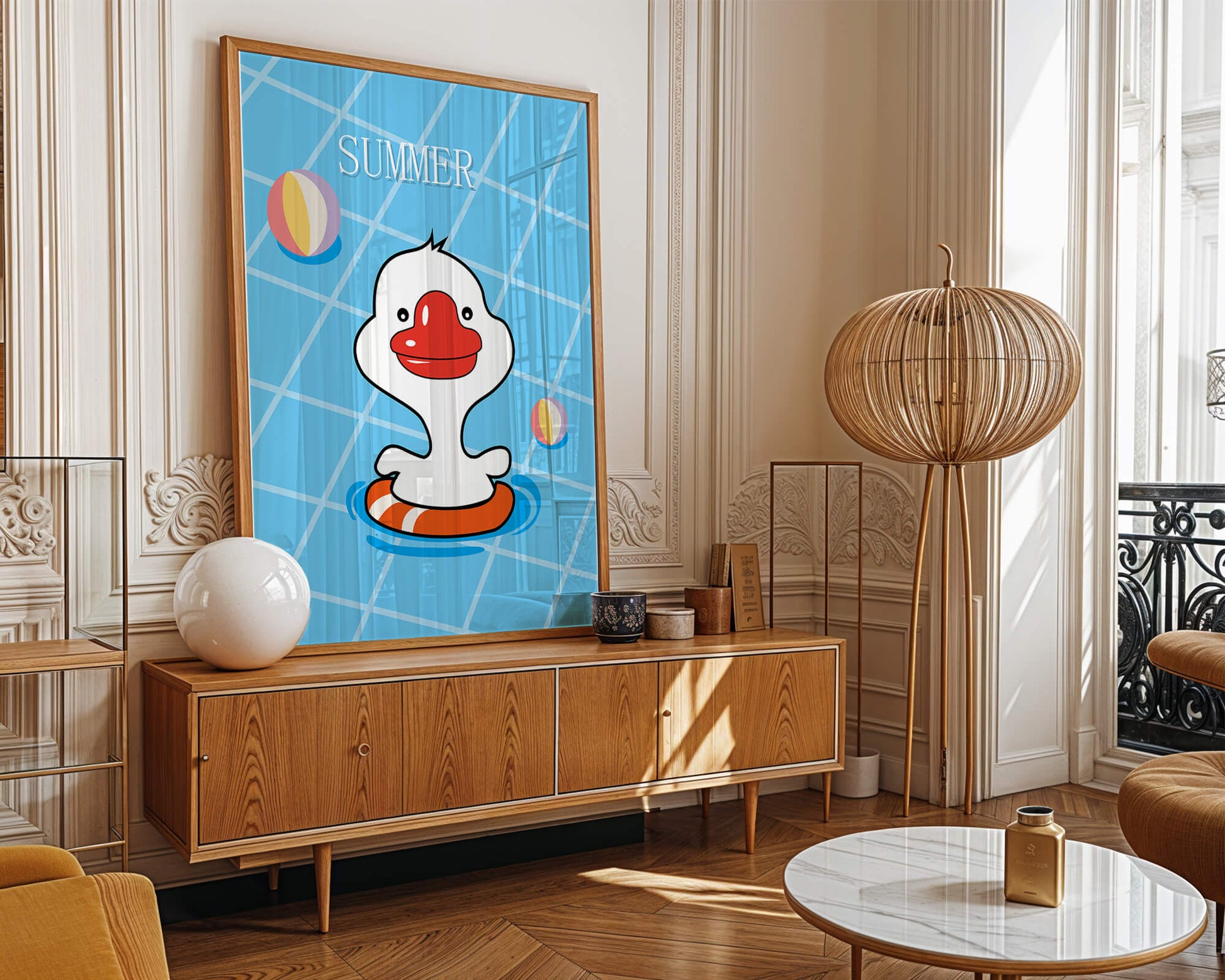 Cartoon duck swimming in a pool with summer beach elements