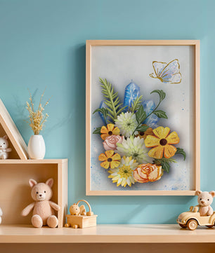 Floral and crystal arrangement with golden butterfly