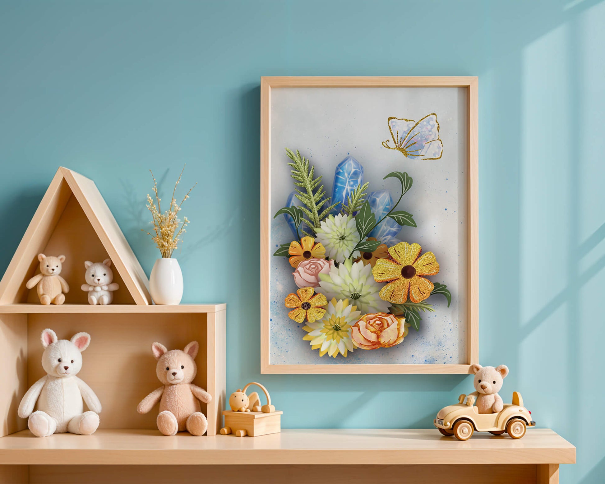 Floral and crystal arrangement with golden butterfly