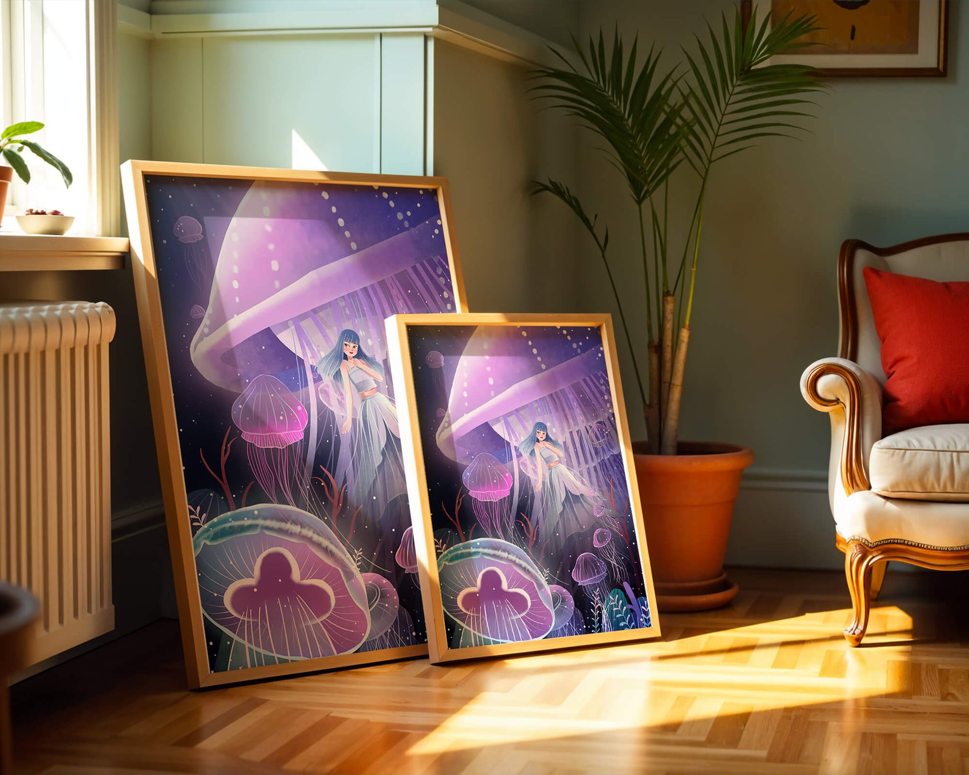 Underwater Fantasy Scene with Jellyfish and Girl