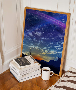 Starlit night sky with colorful sunset and silhouetted landscape