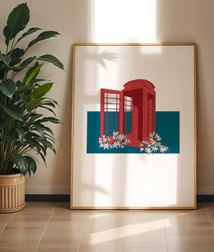 A Pink Phone Booth Surrounded by Flowers on a Teal Background
