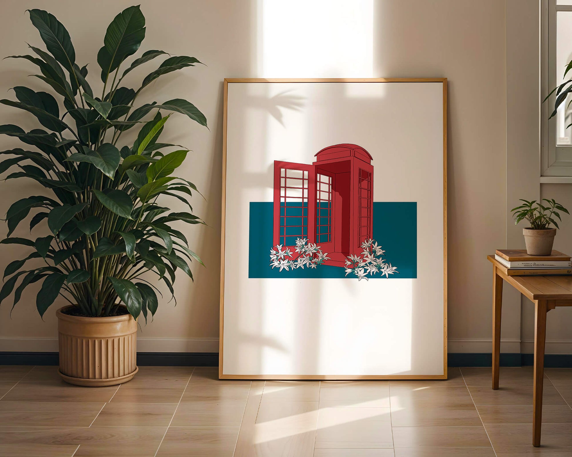 A Pink Phone Booth Surrounded by Flowers on a Teal Background