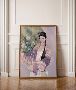 Elegant Asian Woman in Traditional Attire with Floral Background - Mi tienda