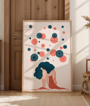 Abstract Illustration of a Woman with Curly Blue Hair Surrounded by Colorful Circles - Mi tienda