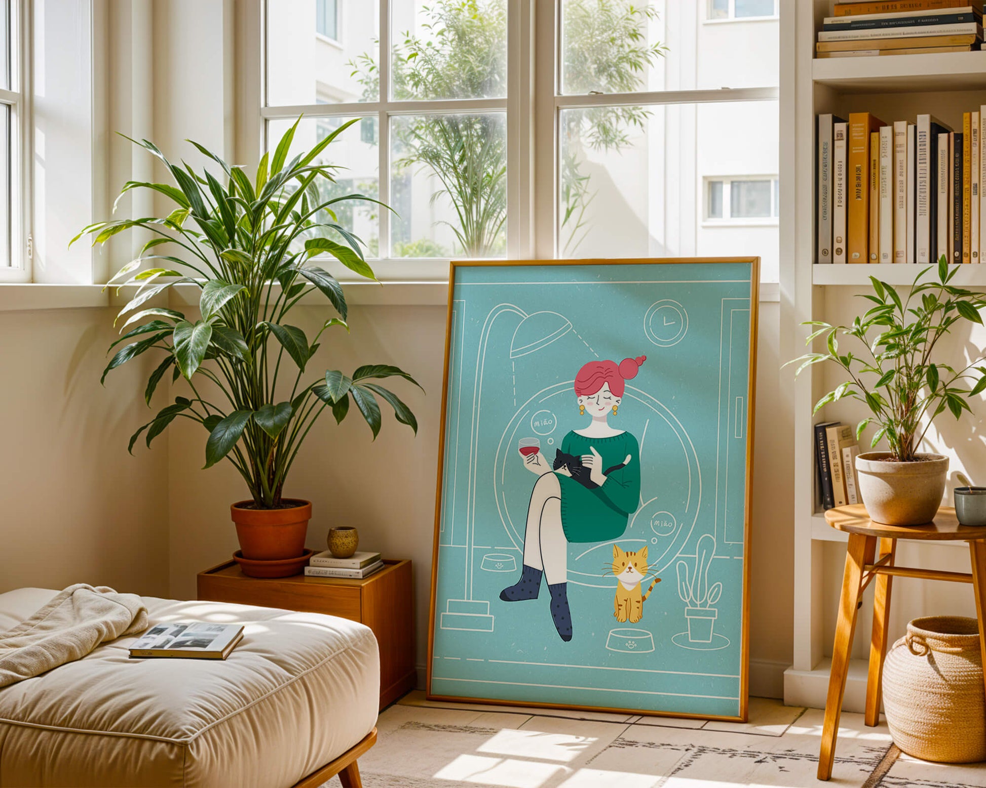 Acogedora velada con gatos en una sala de estar escandinava