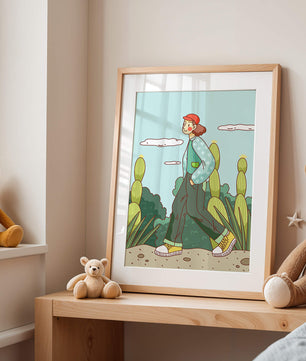 Person walking in desert landscape with cacti