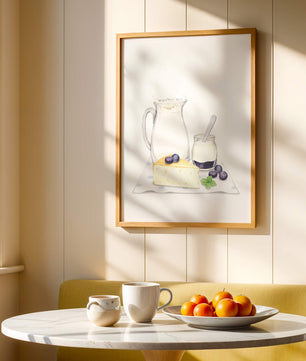 Illustration of dairy products with blueberries on polka dot cloth