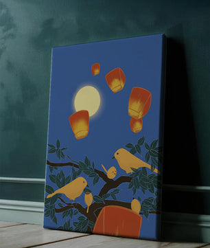 Lanterns and Birds Under the Night Sky