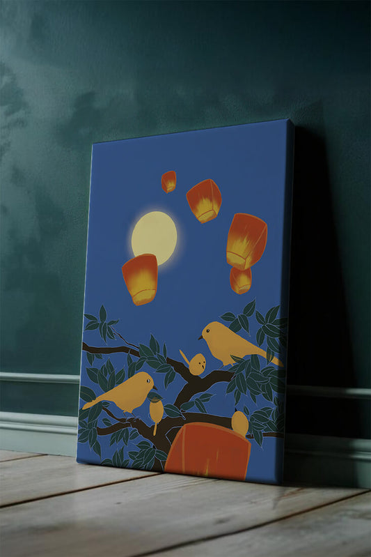 Lanterns and Birds Under the Night Sky