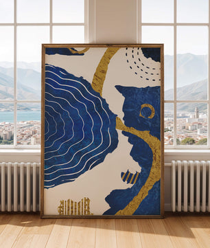 Diseño abstracto ondulado azul y dorado con patrones geométricos
