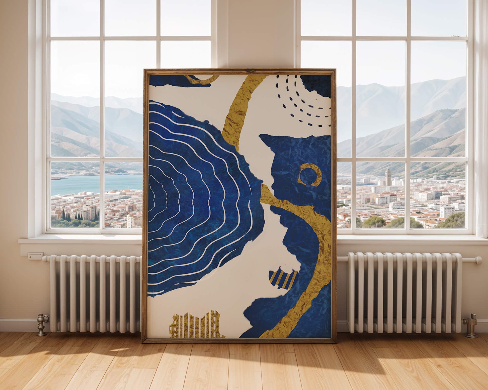 Diseño abstracto ondulado azul y dorado con patrones geométricos