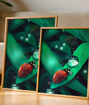 Ladybug on a Leaf with Dew Drops in a Vibrant Nature Scene - Mi tienda
