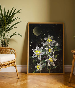 Floral Night Scene with Luminous Flowers and Golden Moon