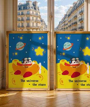 Colorful cartoon airplane with stars and planets in space