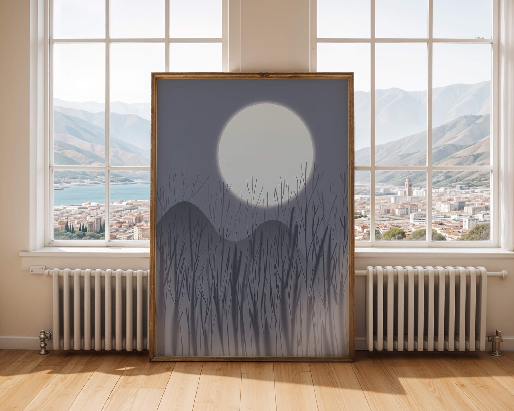 Ruhige Nachtlandschaft mit Vollmond und kahlen Bäumen