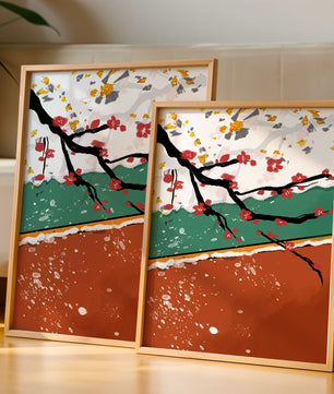 Artistic depiction of blossom branches with gold elements and abstract background