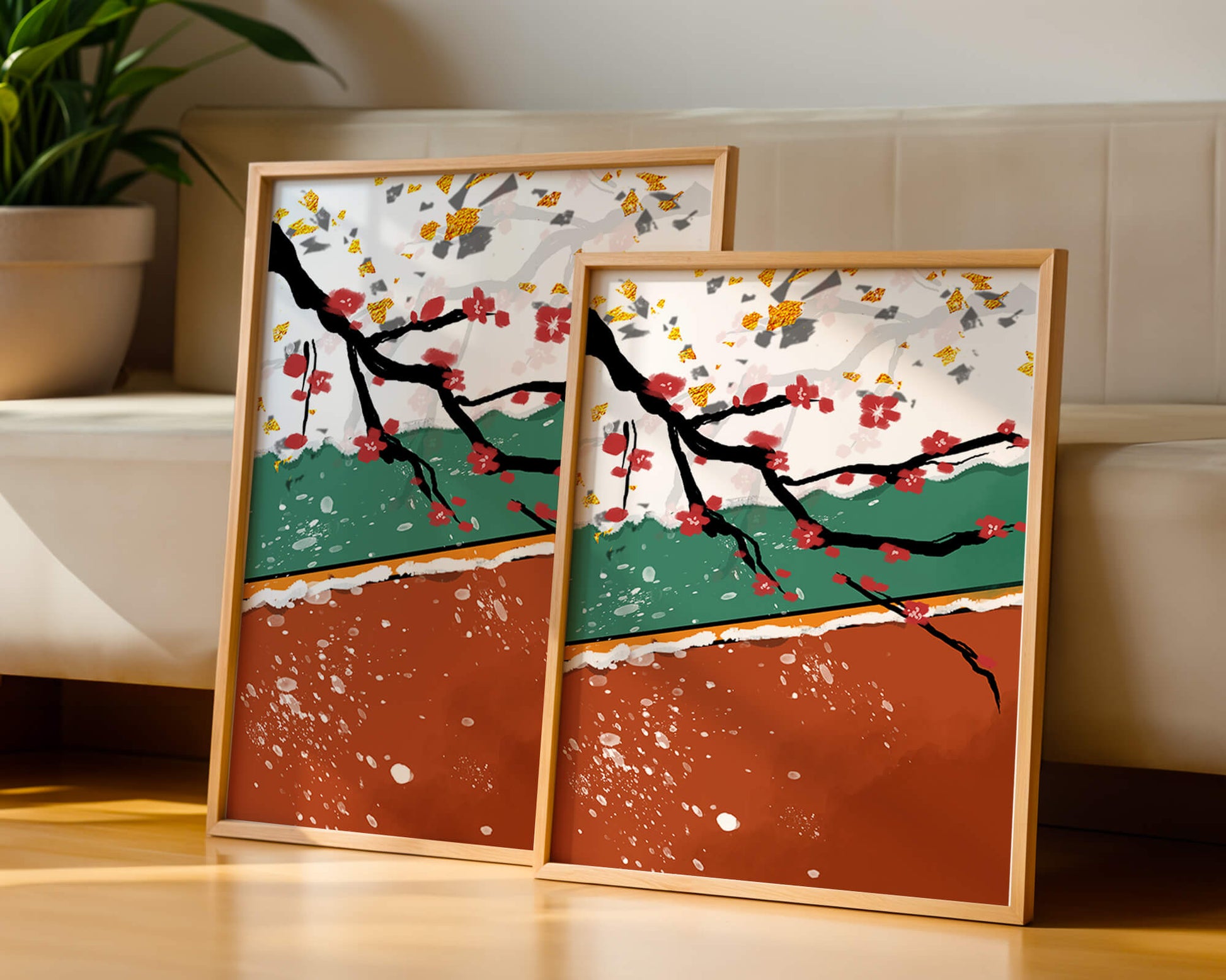 Artistic depiction of blossom branches with gold elements and abstract background