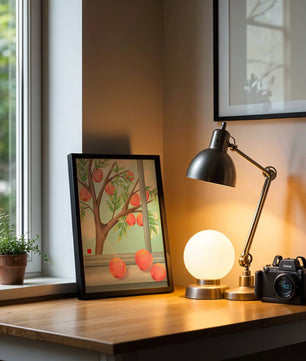 Peach tree outside a window with ripe peaches and sunny sky