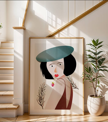 Woman with Blue Hat and Flower in Modern Art Style