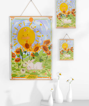 Ilustración encantadora de Aries con animales juguetones y girasoles