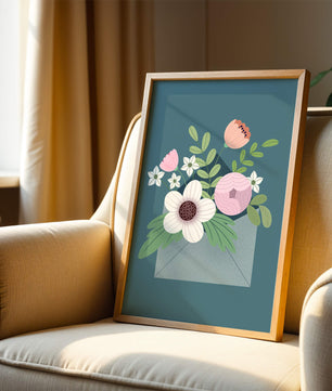 Bouquet floral illustré sortant d'une enveloppe sur un fond bleu sarcelle
