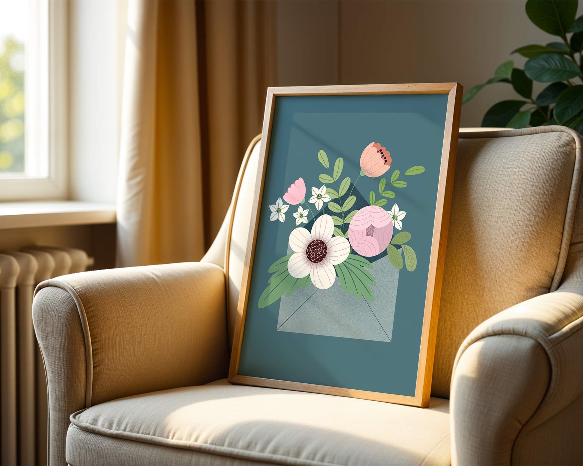 Bouquet floral illustré sortant d'une enveloppe sur un fond bleu sarcelle