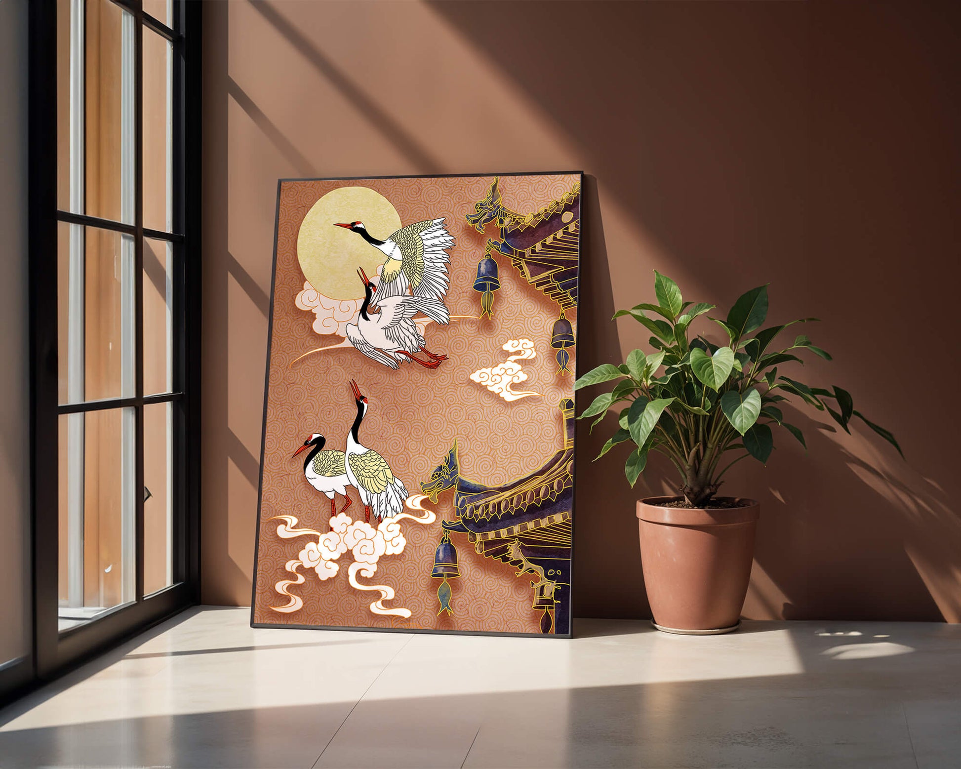 Elegant cranes flying beside traditional Asian architecture under moonlight