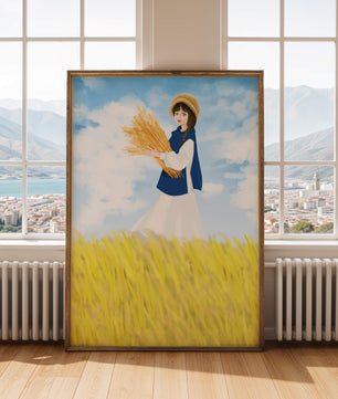 Young girl in a wheat field on a sunny day illustration