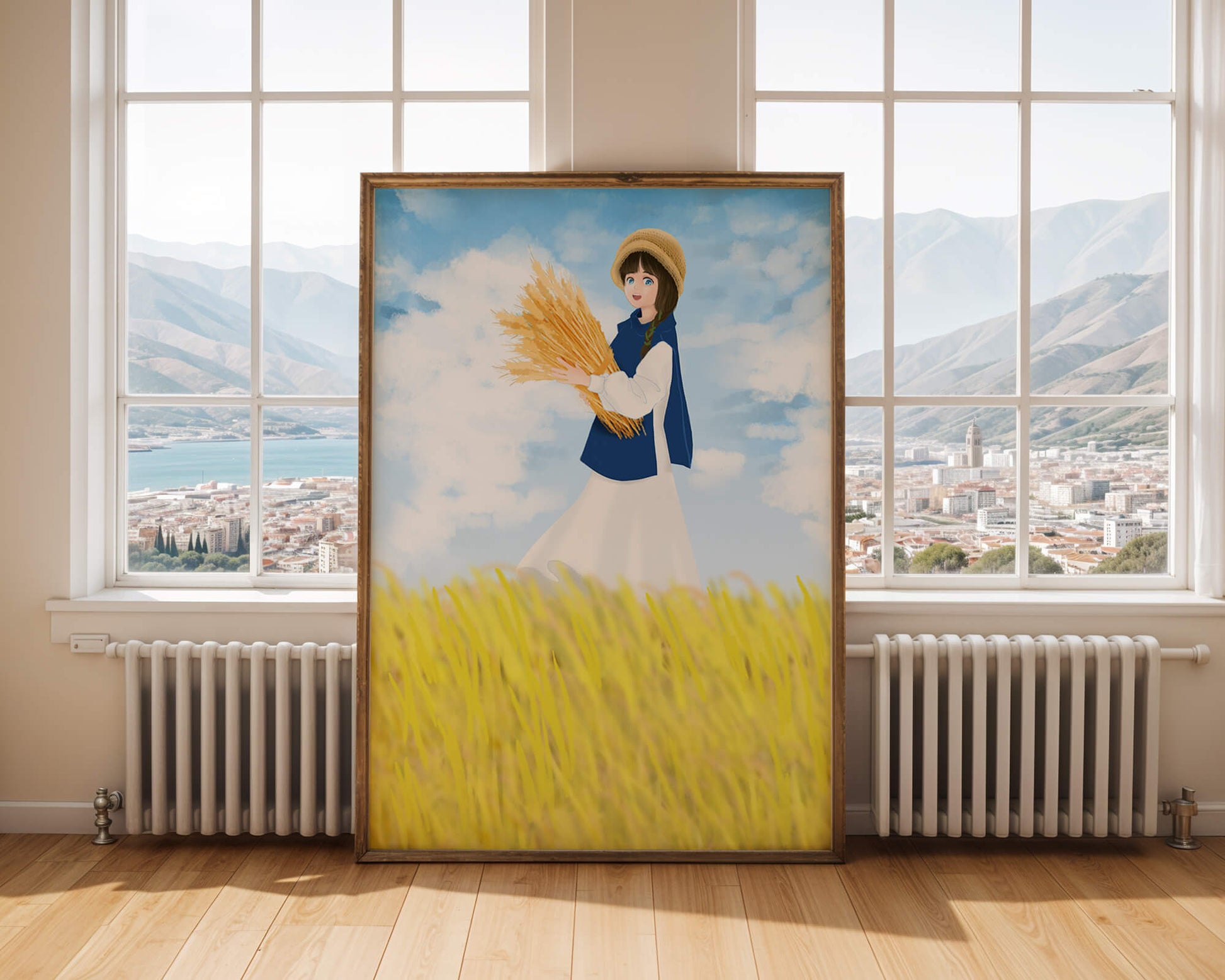 Young girl in a wheat field on a sunny day illustration