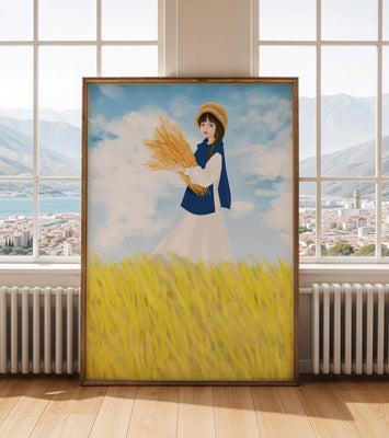 Young girl in a wheat field on a sunny day illustration