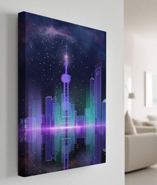 Futuristische Skyline mit leuchtenden Türmen unter sternenklarer Nacht