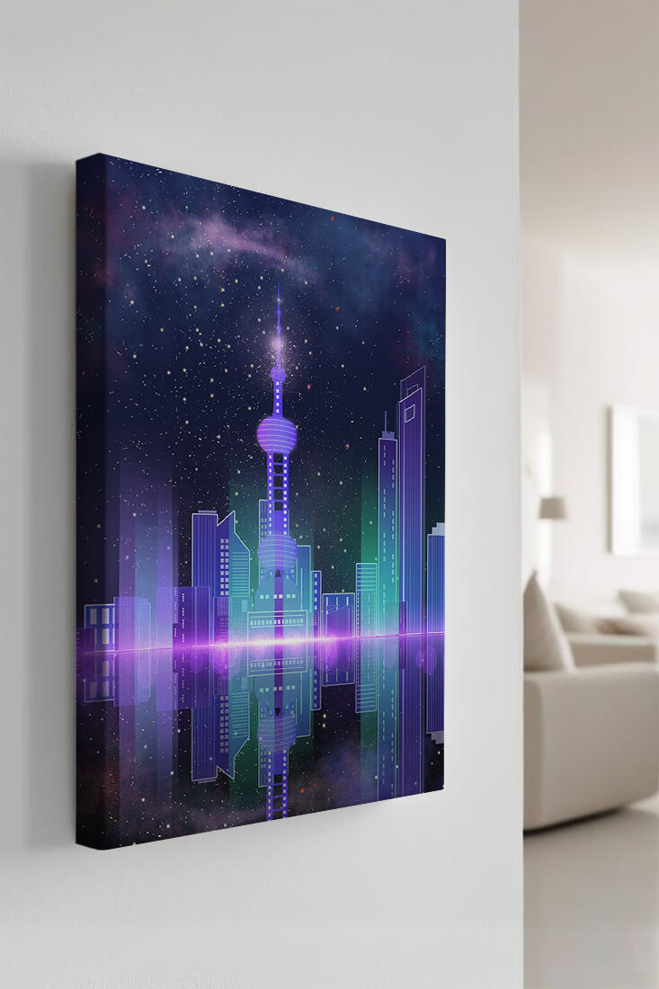 Futuristische Skyline mit leuchtenden Türmen unter sternenklarer Nacht