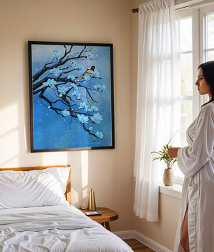 Blue Blossoms on Branch with Bird in Winter Scene