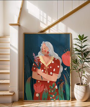 Serene illustration of a woman with flowers under a starry night sky