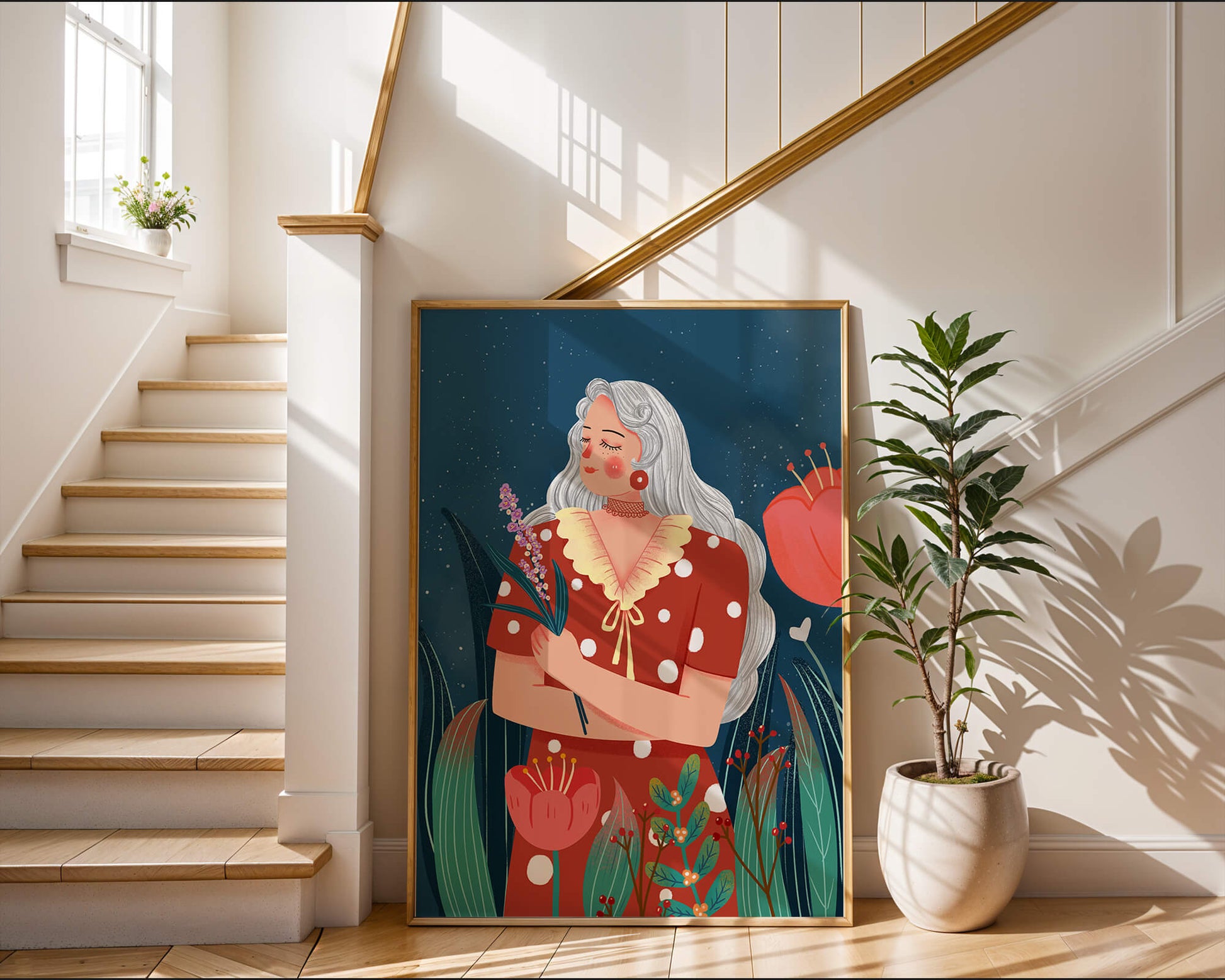 Serene illustration of a woman with flowers under a starry night sky