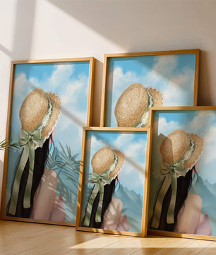 Woman with straw hat and mountain view under blue sky