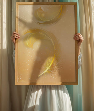 Elegant golden feather design with shimmering background