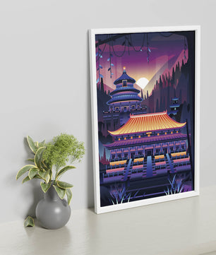 Neon Asian Temple at Sunset in Stylized Landscape