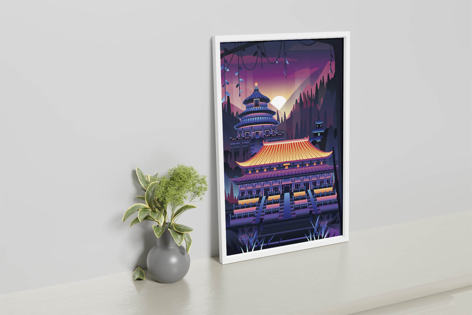 Neon Asian Temple at Sunset in Stylized Landscape