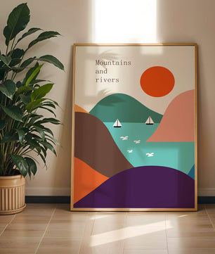 Abstract landscape with vibrant colors and geometric shapes