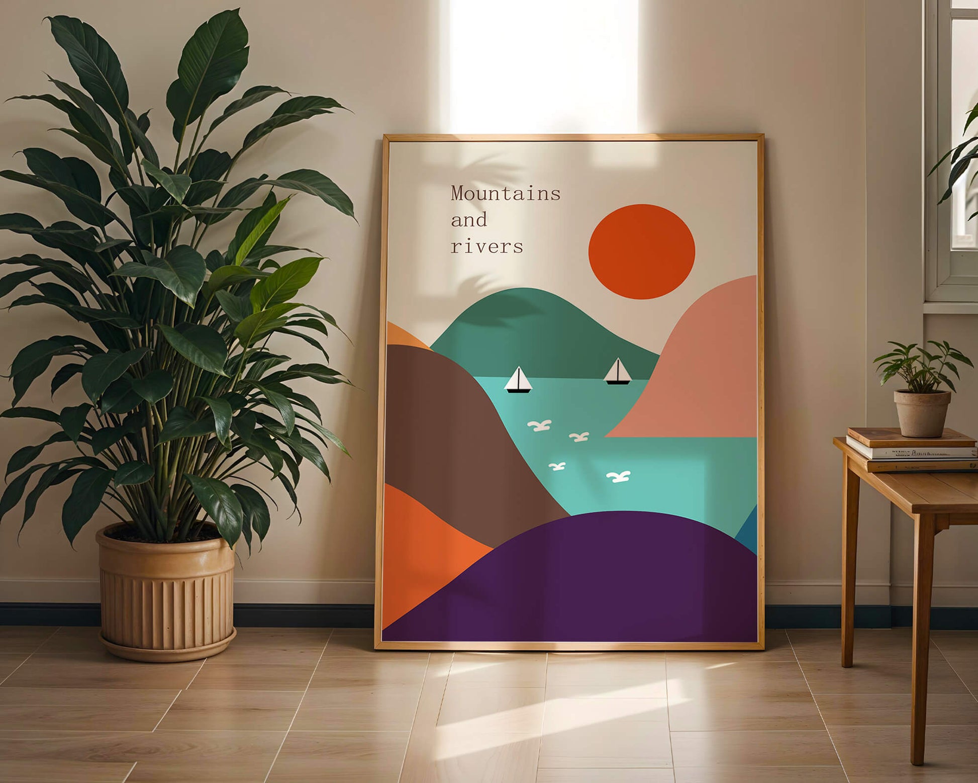 Abstract landscape with vibrant colors and geometric shapes