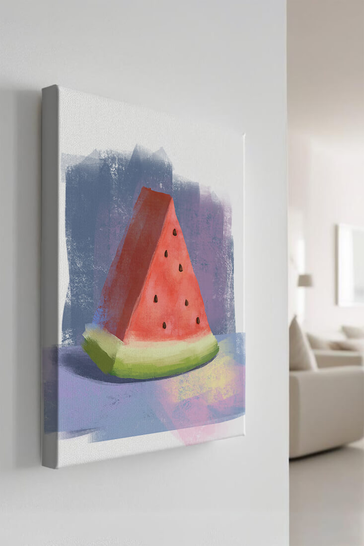 Watercolor illustration of a watermelon slice with abstract background