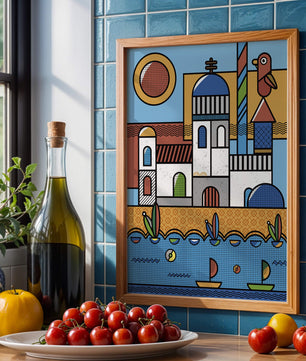 Bunte geometrische Küstendorf-Illustration mit Vögeln und Booten