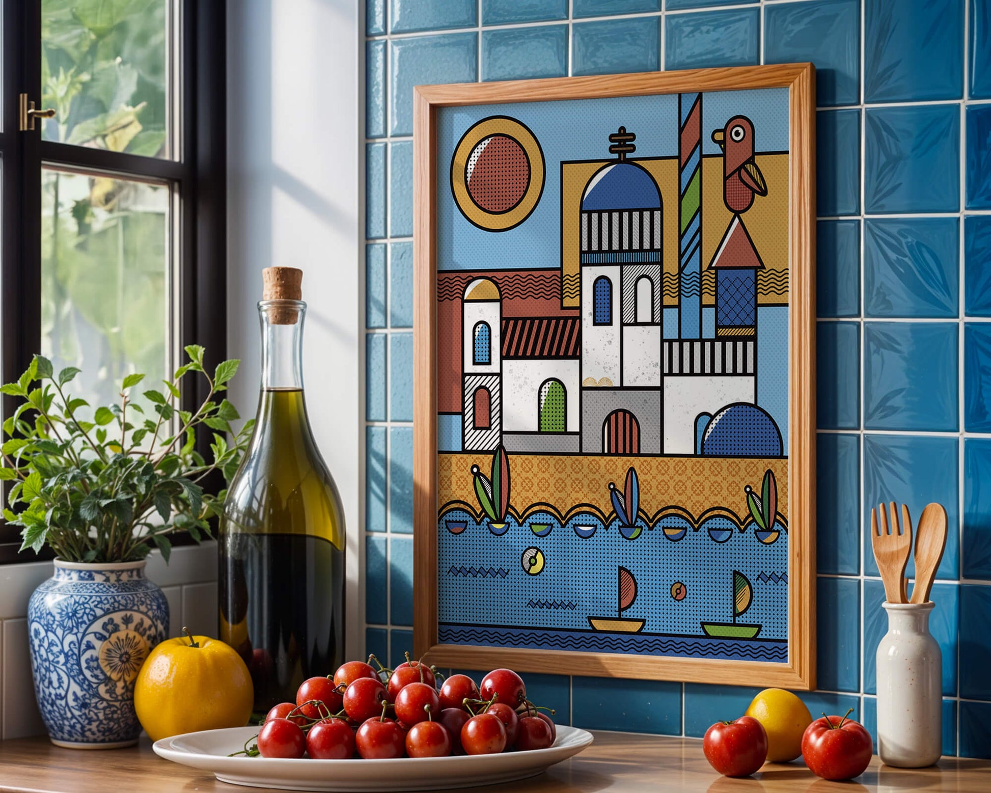 Bunte geometrische Küstendorf-Illustration mit Vögeln und Booten